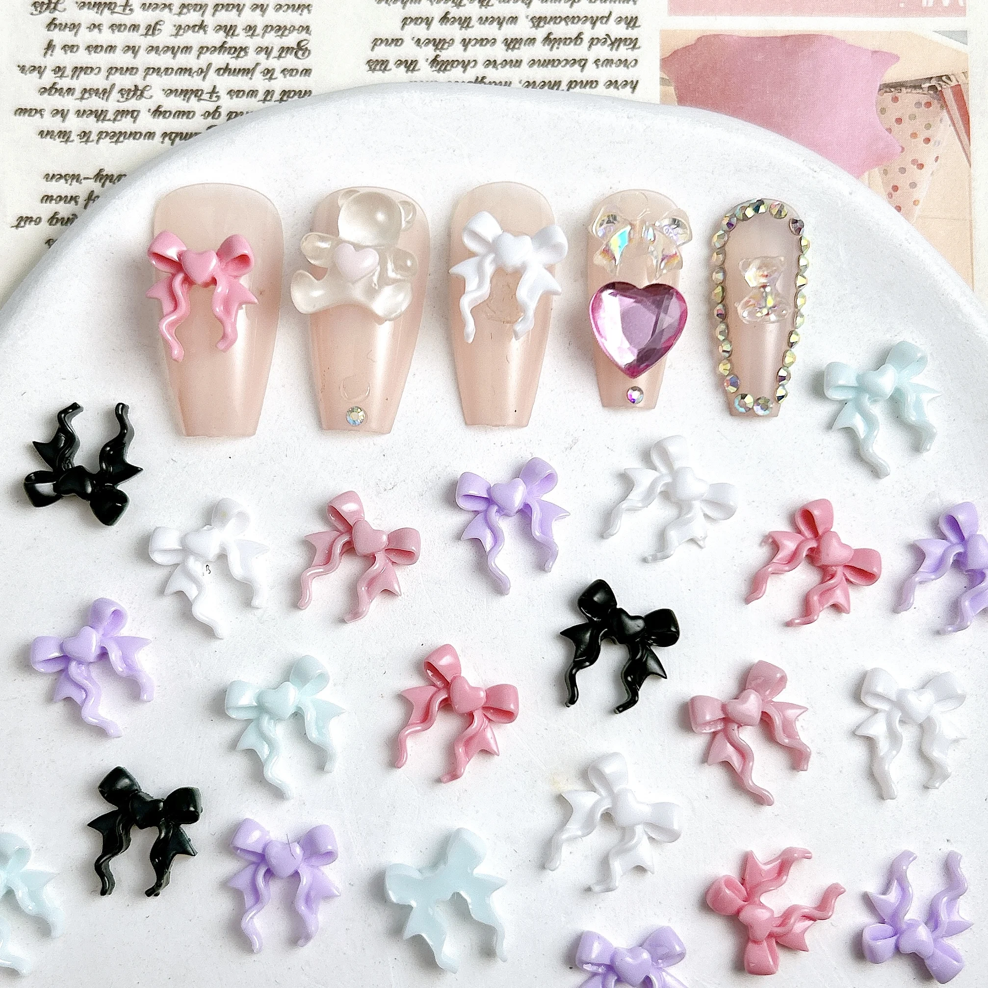 60 pçs cor sólida doce onda arcos resina arte do prego encantos minimalista brilhante coração bowknots decorações de unhas diy manicure suprimentos