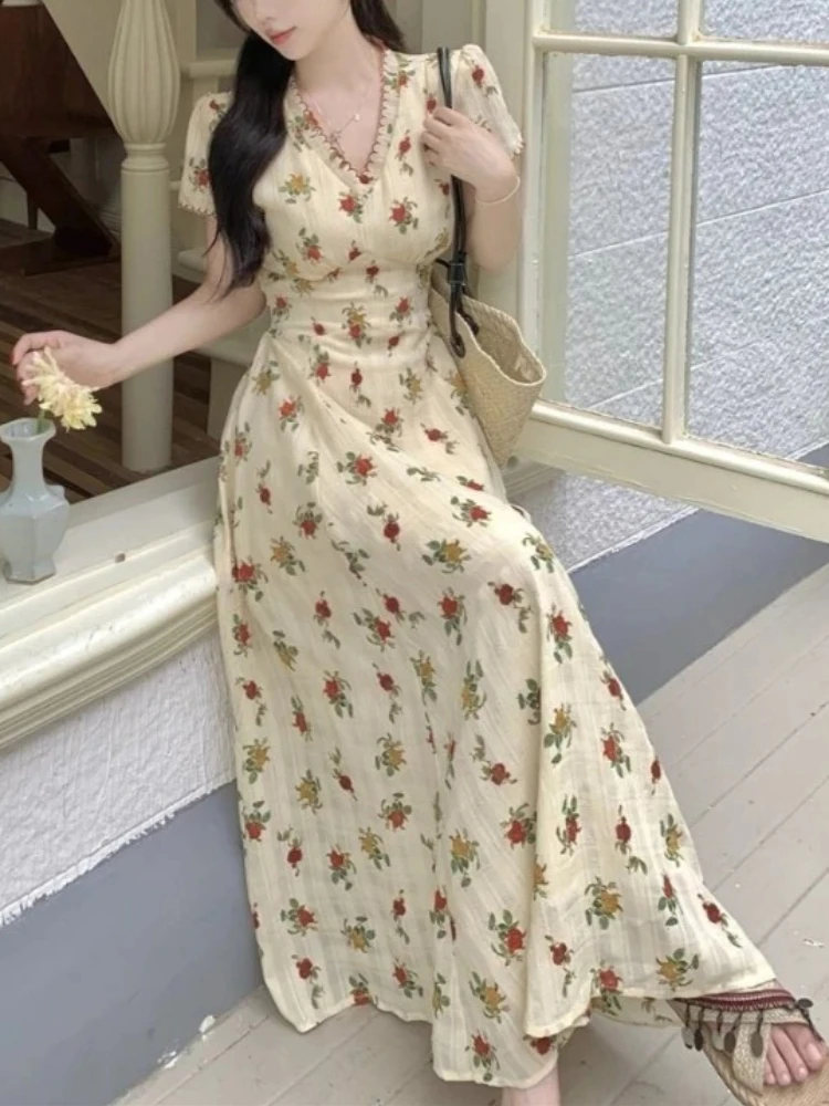 Vintage Floral Dress Women Elegant Lace Chiffon Korean Party Dress Puff Sleeve V Neck Midi Dress Fall Dresses for Women 2024