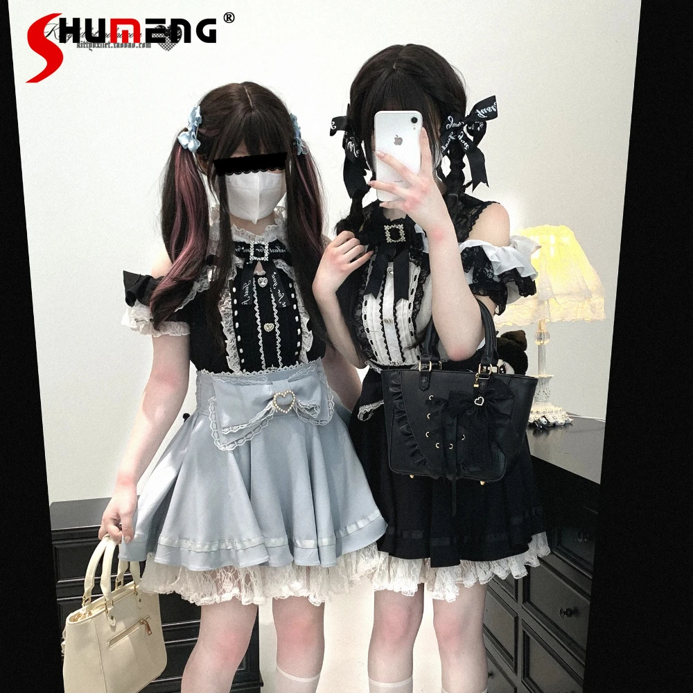 

Японский стиль Mine, субкультура, кружевные лоскутные однобортные рубашки с открытыми плечами и пышными рукавами в форме сердца, милые универсальные рубашки, топы для женщин