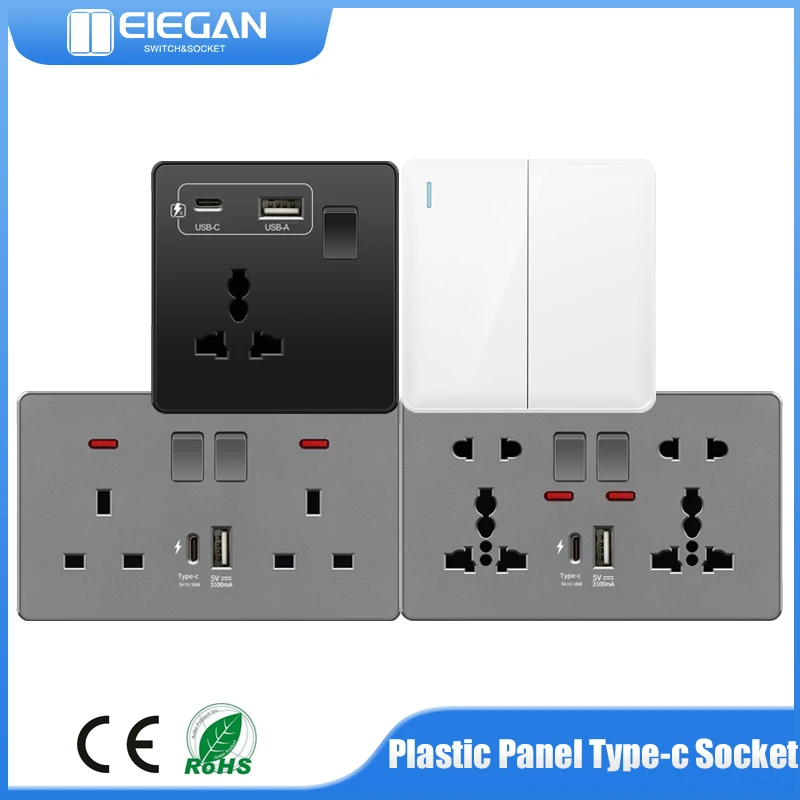 EU UK Standard Universal Wall USB type-C Power Socket on/off Push Button 1 2 3 4 Gang Light Switch 3.1A 5V  Wall Outlet