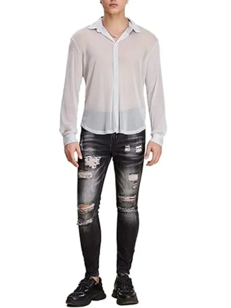 Summer White Thin Perspective Mens Shirt Breathable Casual Top Night PerformanceTop for Men