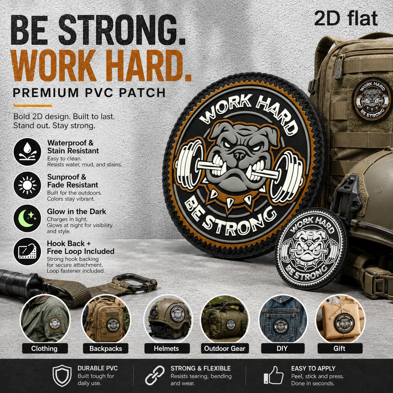 Specifications Available: 1Pc/2Pcs/3Pcs. Fitness Bulldog Power Ring Letter Pattern 2D Flat Pvc Material with Luminous Effect, Includes Fleece Patch, Arm Badge with Embossed Black Border, Tear-Resistant, Suitable for Workwear Jackets, Outdoor Apparel Accessories, Mountaineering Bag Storage, Side Soft Patch