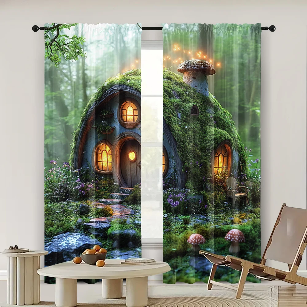 2pc,  Drapes Forest Background Tropical Jungle Rainforest Fabric,Without Electricity Holiday Decorations Applies to Indoor