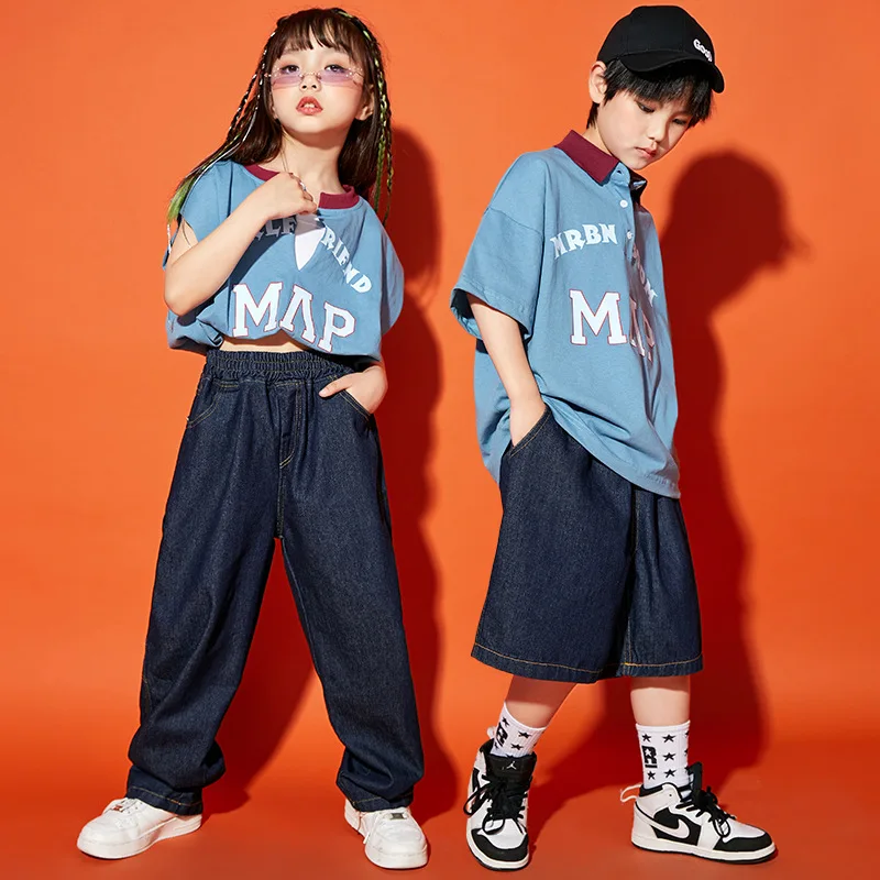 Crianças hip hop conjunto de roupas branco impressão azul polo topo rua jogger calças jeans shorts para meninas meninos jazz dança traje roupas