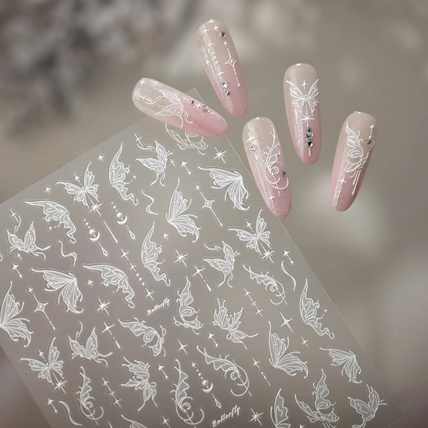 1 Stück 5D Y2K Kaltweißer Schmetterling Stern Fantasie Geprägter Magischer Zauberstab Streamer Nagelkunst Aufkleber Nageldekor DIY