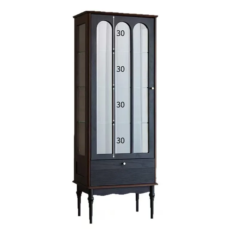 

American display solid wood glass wine cabinet French retro storage black living room side cabinet antique style