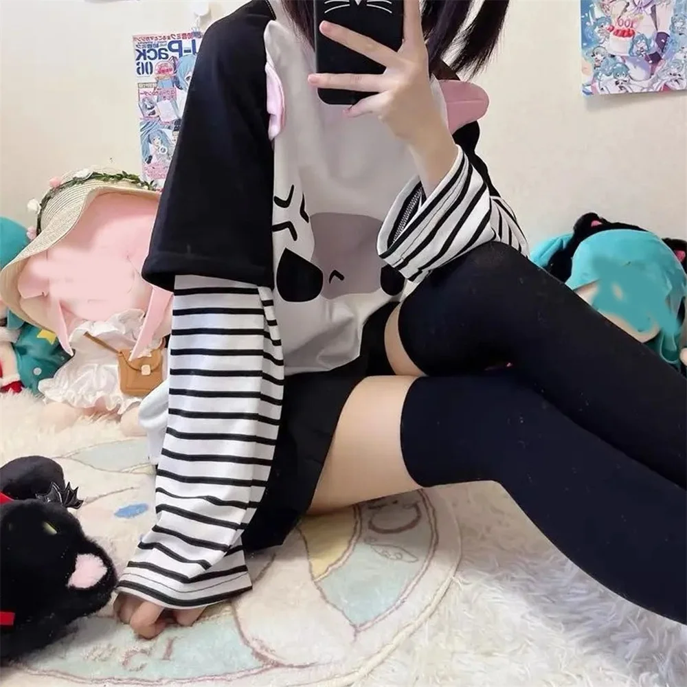 

Y2k Harajuku Kawaii полосатые футболки с принтом, свободные однотонные черные, белые женские японские модные лоскутные футболки с героями мультфильмов, весенние топы