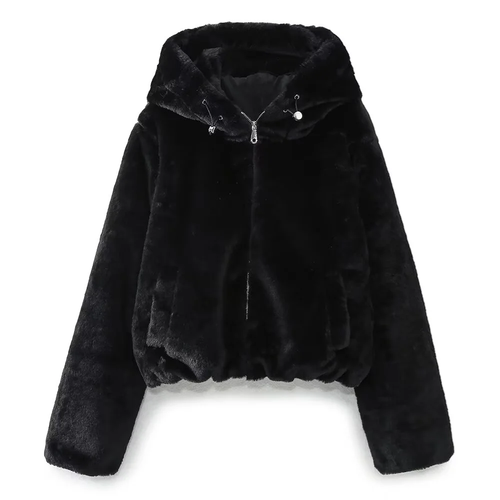 TRAF Autumn New Women\'s Fashion Leisure Versatile Artificial Fur Effect Hooded Jacket Coat