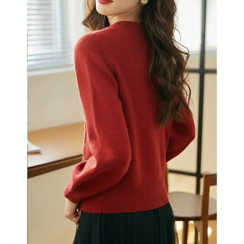 Chinese Style Winter New Vintage Red Sweater Square Collar Soft Sticky Loose Knit Warm Single-breasted Long Sleeve Pullover Tops