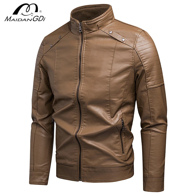 

MaiDangDi Men's Stand-up Collar Youth Zipper Casual Plus Velvet Leather Jacket New Style Motorcycle Jacket