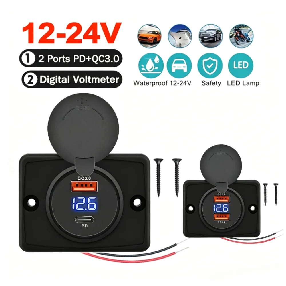 48W Panel Mount USB Car Fast Charger Socket (PD/QC3.0/Digital Display/Waterproof), 12-24V for Car, Motorcycle, RV, Marine