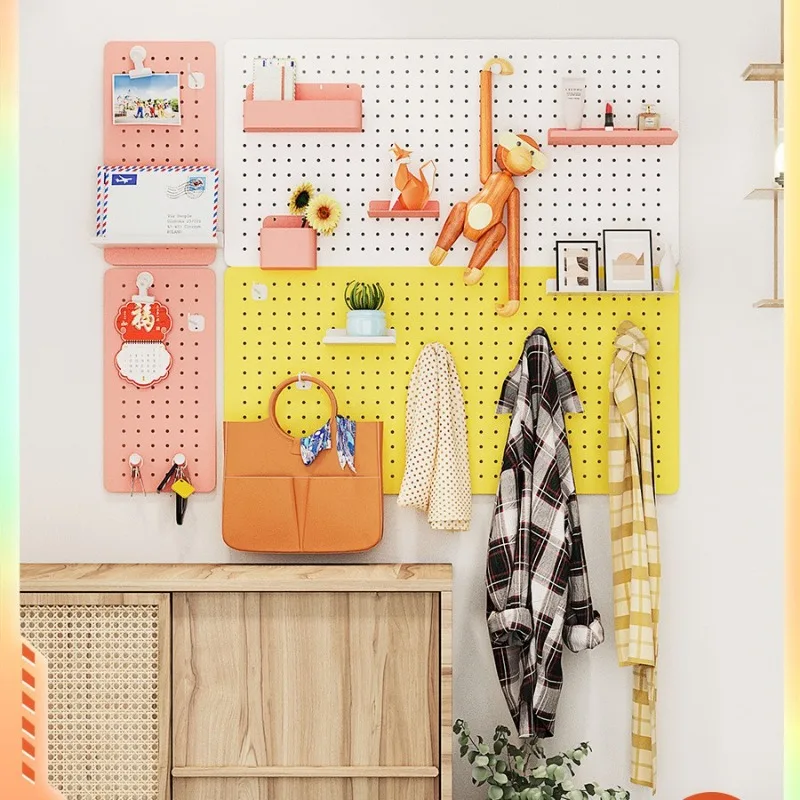 Metal Pegboard Wall Organizer No Drill Storage Rack Hooks Shelves Space Saving Entryway Desk Bathroom Kitchen Display Yellow view 2