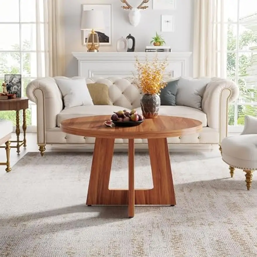 31.4-Inch Wood Circle Coffee Table with Cross Base, Round Accent Center Table for Living Room Home Office