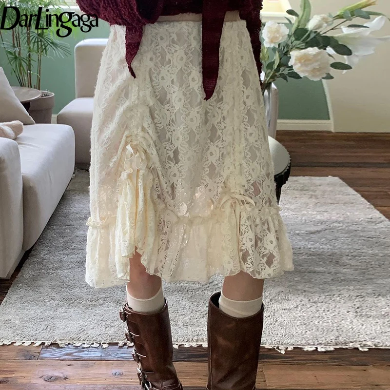 

Darlingaga Fashion Chic Drawstring Low Waist Lace Skirt Solid Y2K Streetwear Fold Party Midi Skirt Female Ruched Transparent New