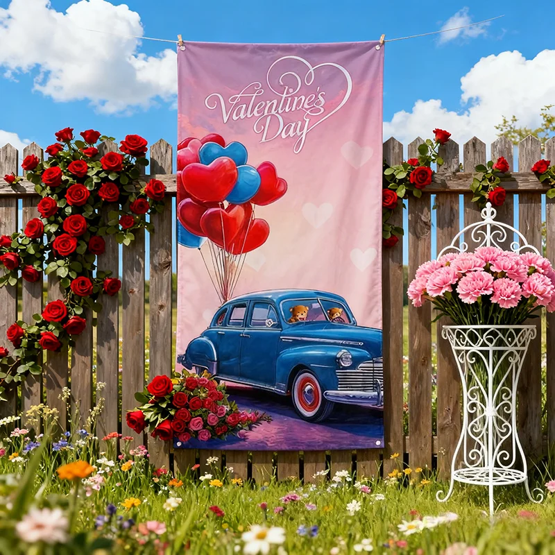 

Valentine Day Door Banner Heart Truck Design Romantic Wedding Anniversary Party Decoration Photography Background Indoor Outdoor
