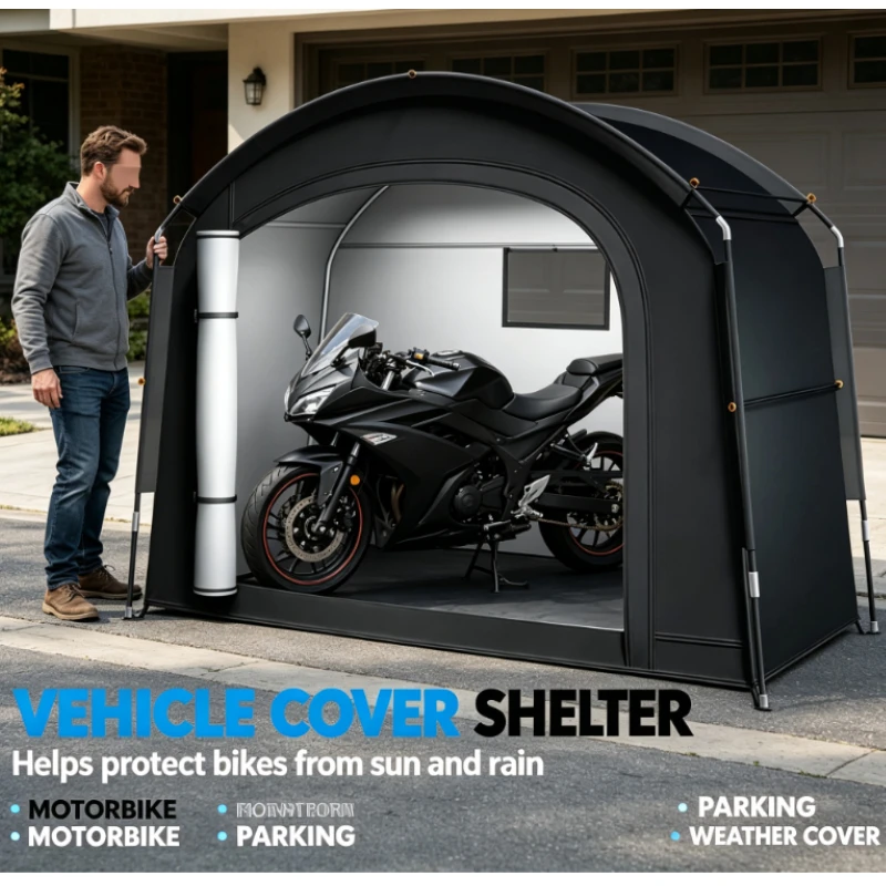 Black Portable Bike Storage Tent With Waterproof Oxford Fabric And Ventilation Window For Outdoor Camping And Garden Shed