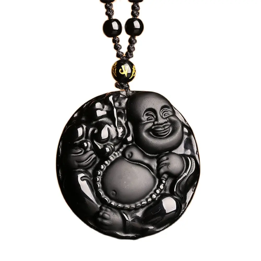 Charming Natural Black Obsidian Carved Chinese Laughing Buddha Blessing Amulet Lucky Pendant Beads Necklace Trendy Gift Jewelry