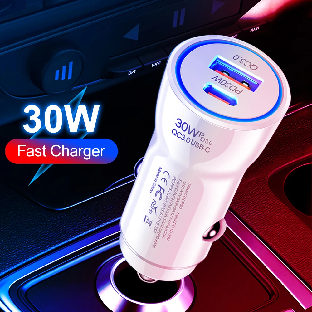 Pengisi daya ponsel mobil PD 30W, adaptor pengisi daya cepat QC3.0 USB Tipe C UNTUK iPhone 14 13 Xiaomi Huawei Samsung S21 S22