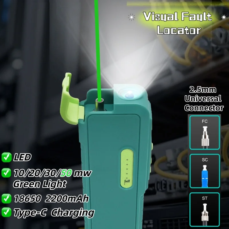 

Перезаряжаемый лазерный тестер VFL 18650 2200 мАч 50 мВт для оптоволокна, зеленый свет, 10/20/30/50 км, 2,5 мм