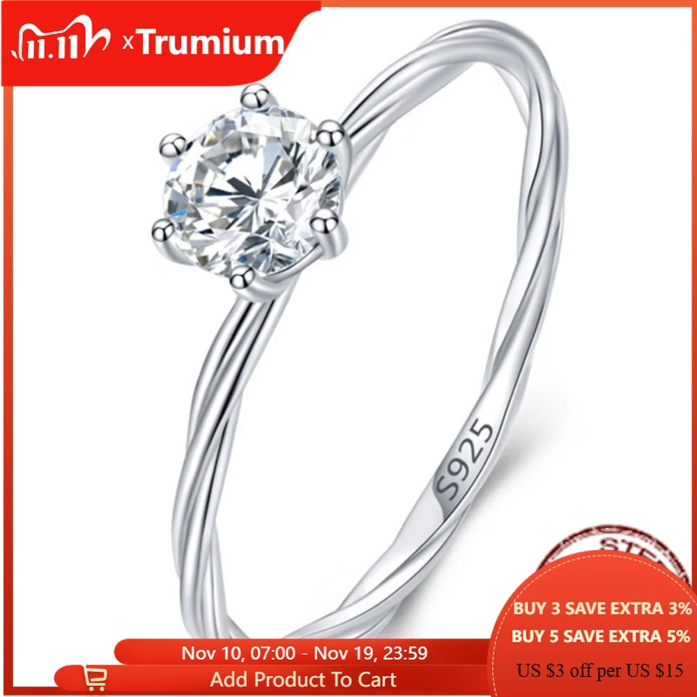 

Trumium Real 925 Sterling Silver Classic Simple Clear Zirconia Round Finger rings for women Fine Wedding Jewelry Twisted ring