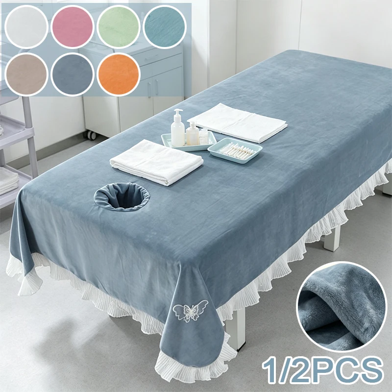 1/2PCS 120x220cm Spa Massage Table Cover Crystal Velvet Facial Bed Sheet with Face Rest Hole Lace Ruffle Decor for Beauty Salon