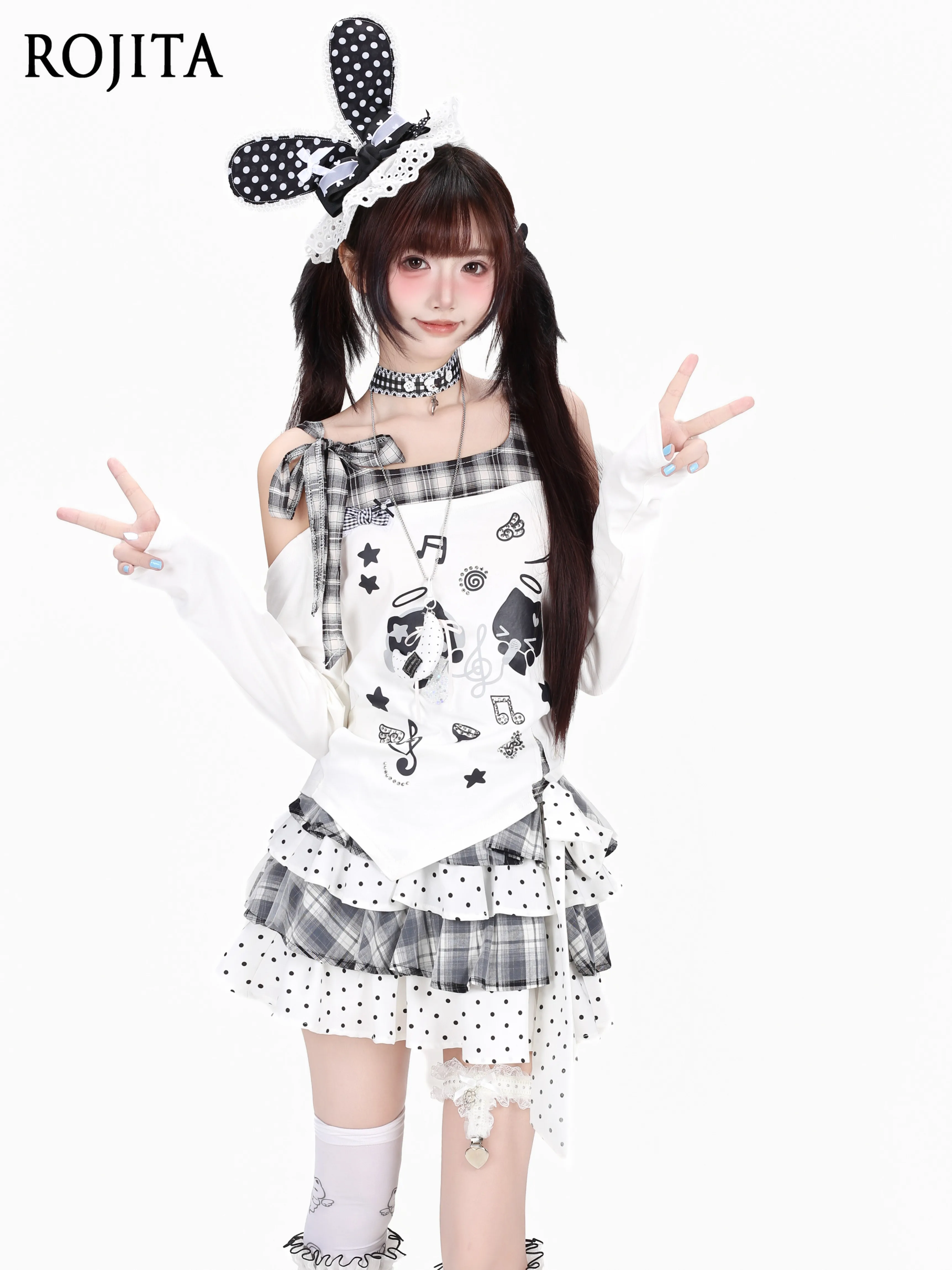 Angel Kitten Print Black and White Checked Bow Off-Shoulder Irregular Skinny Long Sleeve T-Shirt Autumn New Subculture Tee