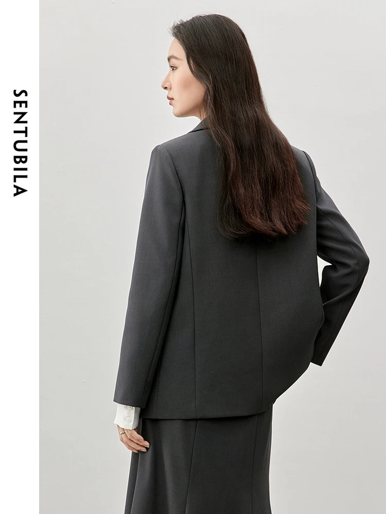 SENTUBILA 여성 느슨한 짙은 회색 블레이저 2025 가을 한국 노치 칼라 싱글 버튼 Office 레이디 비즈니스 코트 143X57277