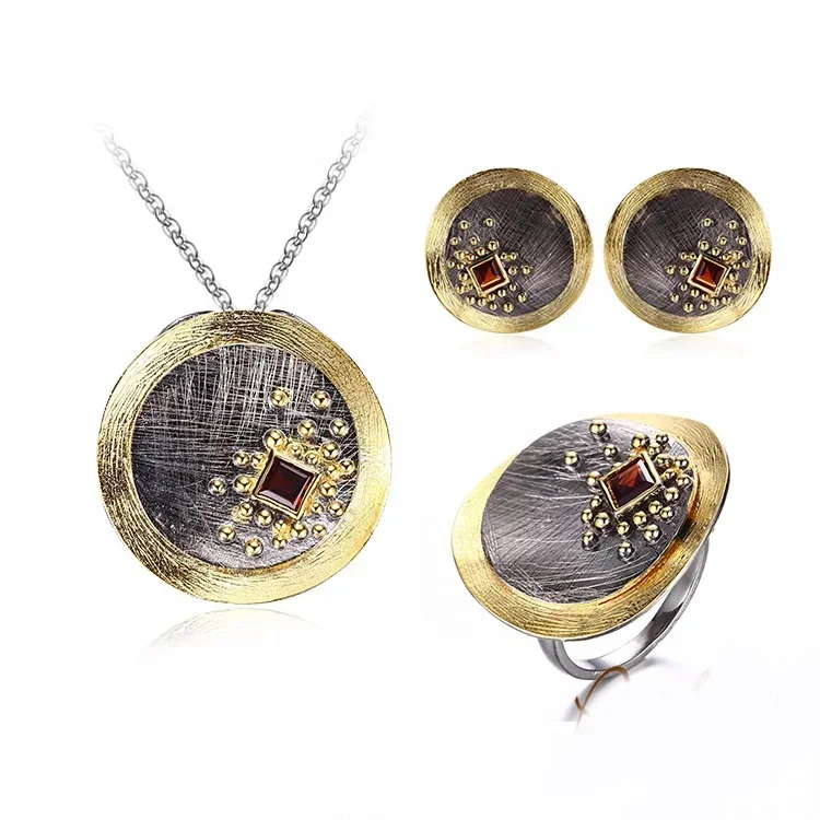 Customizable Design Silver Jewelry Disc Necklace Earrings Set And Vintage Ring