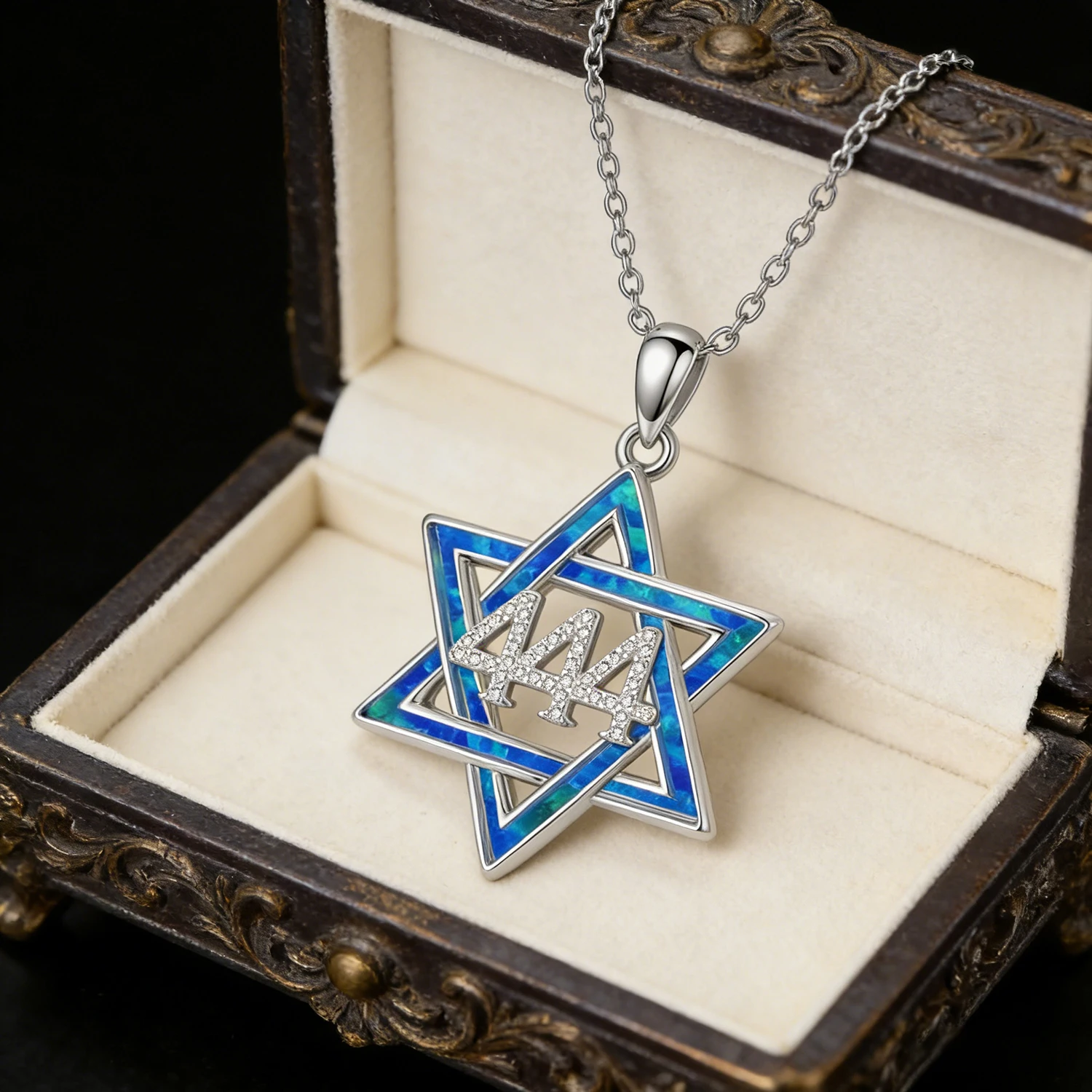 444 Angel Number Star of David Pendant Spiritual Protection Jewelry,Blue Opal Inlay,Cubic Zirconia,Men & Women’s Faith Necklace view 6
