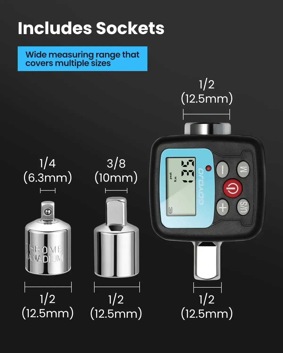 GOYOJO Digital Torque Wrench Adapter - Precision Electronic Torque Tool Converter and Meter with LCD Display, Includes 1/2\