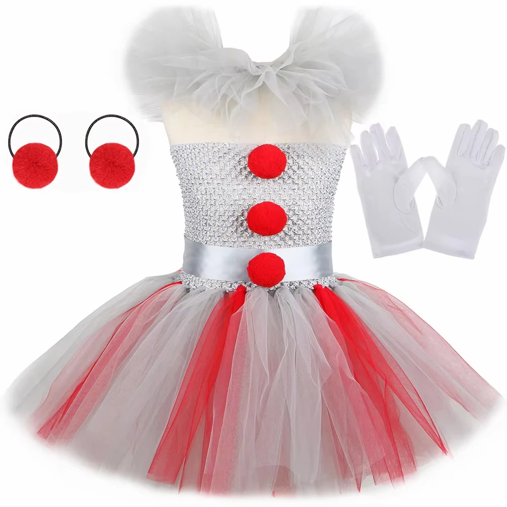 Halloween Scary Clown Cosplay Costume for Girls Sleeveless Ruffle Tulle Dress with Full Set Kids Masquerade Party Fancy Outfit