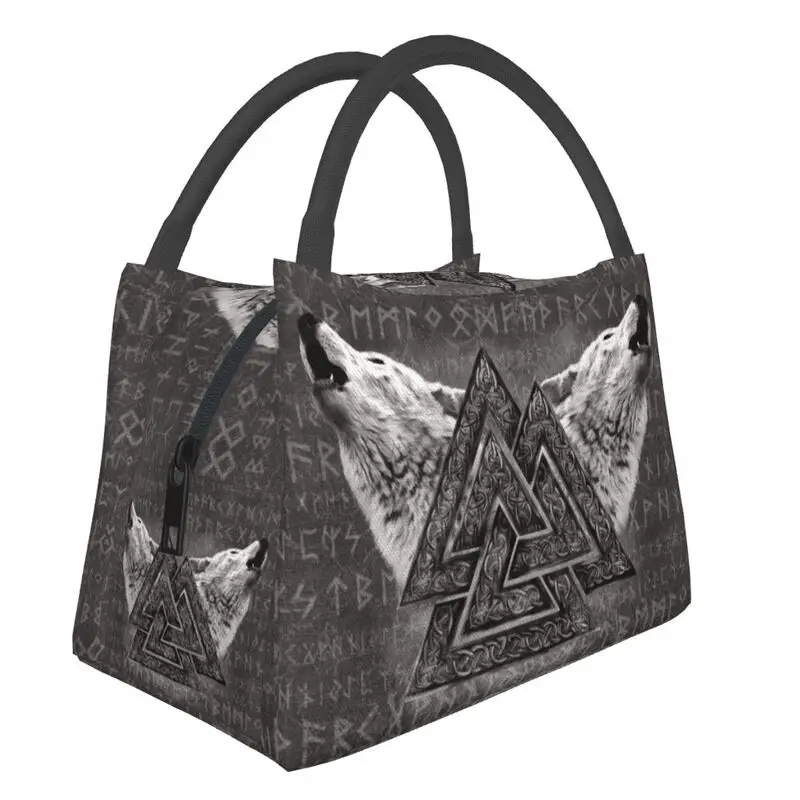 

Valknut Symbol And Wolves Insulated Lunch Bag for Camping Travel Norse Viking Runes Leakproof Cooler Thermal Bento Box Women