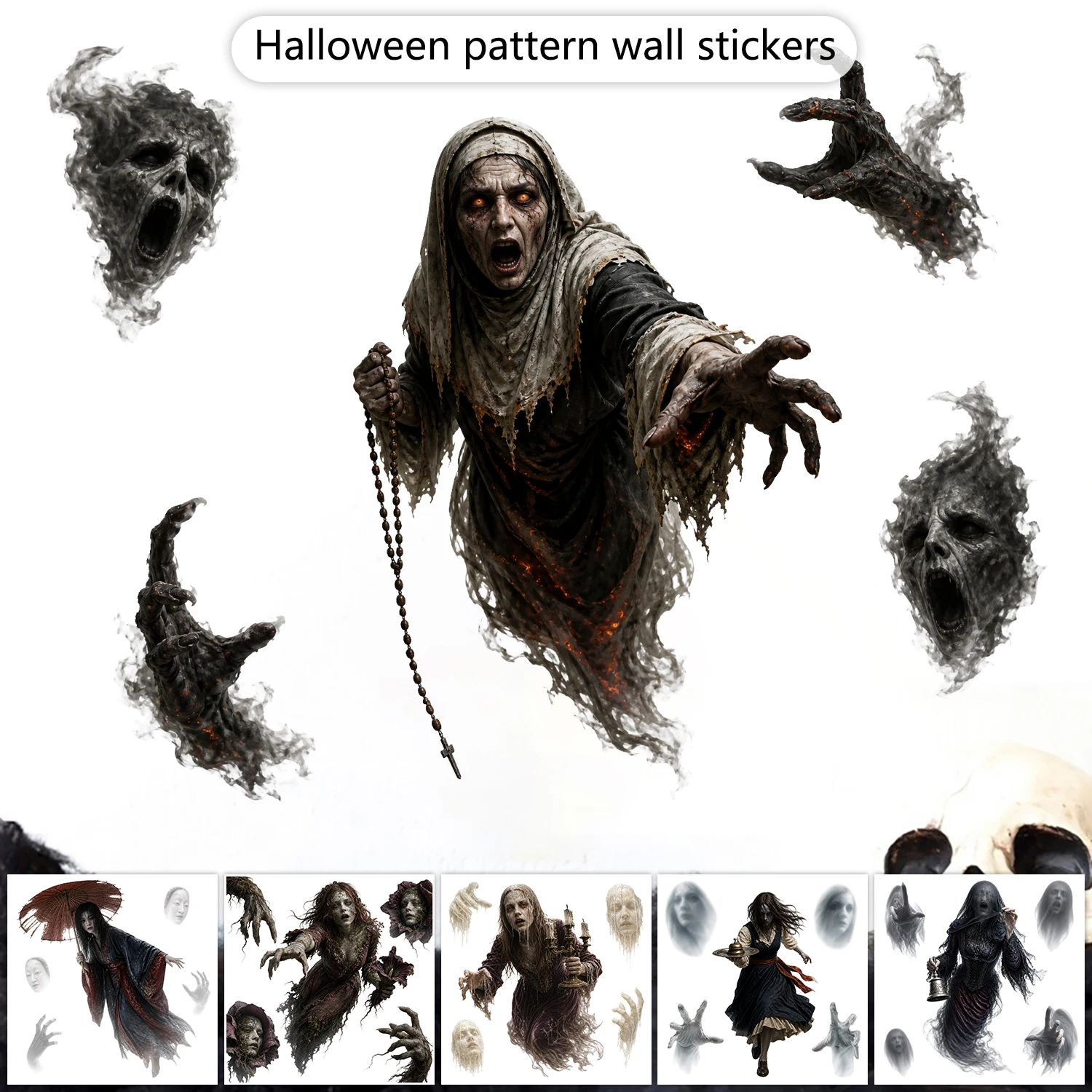 Halloween Scary Monster Demon Ghost Wall Sticker Gothic Horror Wall Decal Peel & Stick For Haunted House Bedroom Party Decor