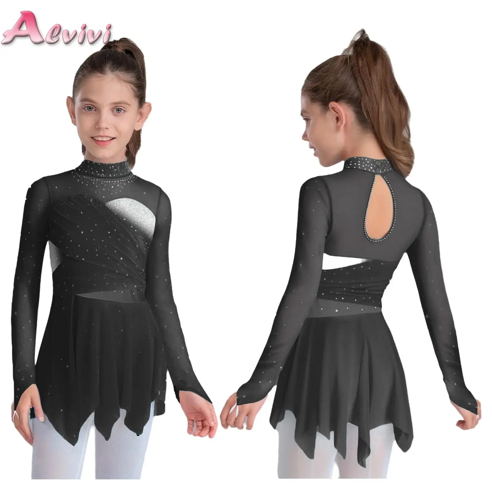 

Kids Girls Lyrical Dance Figure Skating Dress Costume Long Sleeves Sparkly Rhinestones Irregular Ruched Mesh Dresses Dancewear