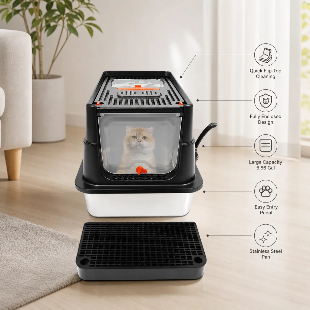 Edelstahl Katzentoilette mit Klappdeckel, XXL Große Katzentoilette für Große Katzen, Hohe Seitenwände Anti-Spritz Geruchskontrolle, Pedal-Einstieg, 31,2L/6,86Gal, Schwarz, Schaufel Inklusive,