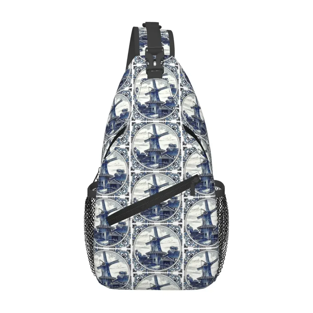 

Dutch Blue Delft Vintage Windmill Print Chest Bag Men Sling Crossbody Backpack Chest Bag Travel Hiking Daypack Shoulder Bag