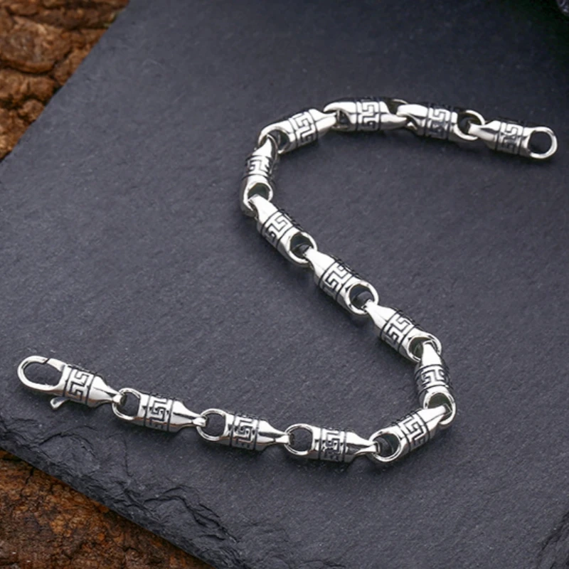 Mens S925 Sterling Silver Vintage Bracelet Engraved Continuous Maze Pattern Chain Bracelet Daily Wear Fine Silver Jewelry Gift