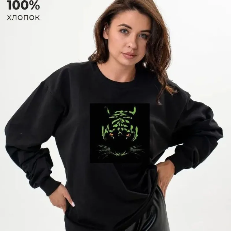 Sweat-shirt fin noir 100% coton, pull à col rond, T-shirt à manches longues, Punk Grunge tigre imprimé, haut ample et décontracté pour femmes