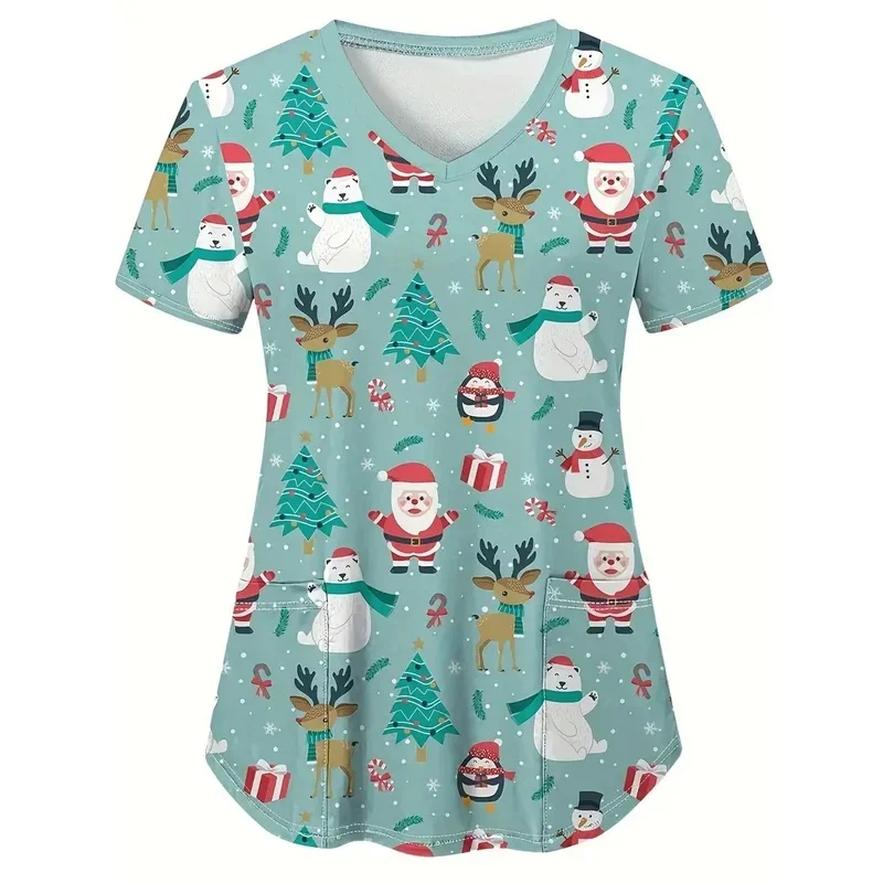 Christmas-themed women's medical short-sleeve shirtTShirt VSnowman print pet hospital clinic nurse work uniform with pockets