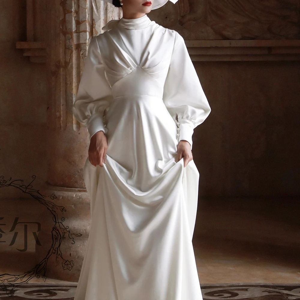 High Neck Victorian Long Puffy Sleeves Wedding Dress Customized Plus Size A Line Closed Back Italian Satin Ruched Bridal Gowns