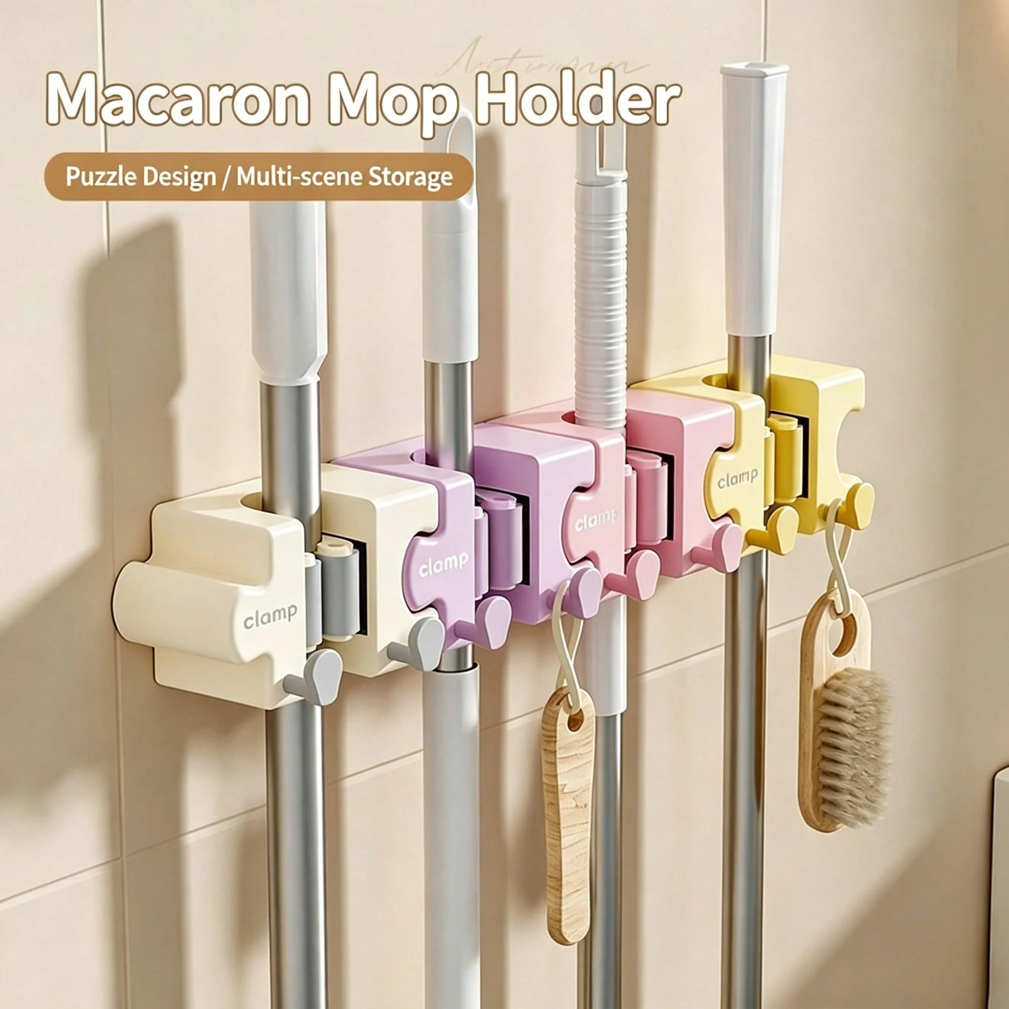 1pc/4pcs Puzzle Splicing Mop Broom Holder No‑Drill Wall‑Mount Macaron Self‑Adhesive Mop Clip w/ Hooks for Bath Kitchen Storage