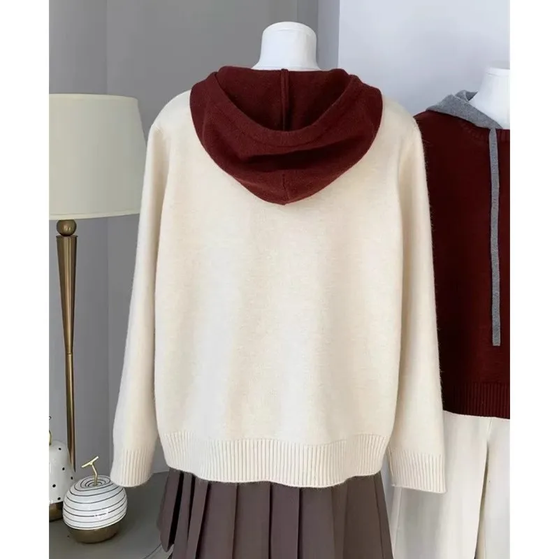 フード付きフェイクツーピース100％カシミヤセーター、ゆったりニットセーター、レディースウールベースのフーディー