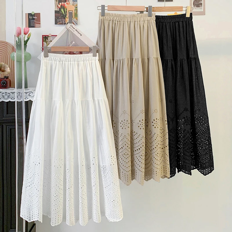 Embroidered Lined Elastic Waist A-Line Skirt Women's Full Body Skirt Summer Half-length Skirts Artistic Sense Flared Skirt