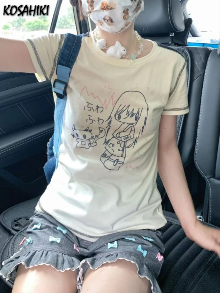 

Y2k Aesthetic Casual Cartoon Printing Tops T-shirt Women Streetwear Bright Thread Finish Tshirts Harajuku Grunge Summer T-shirt