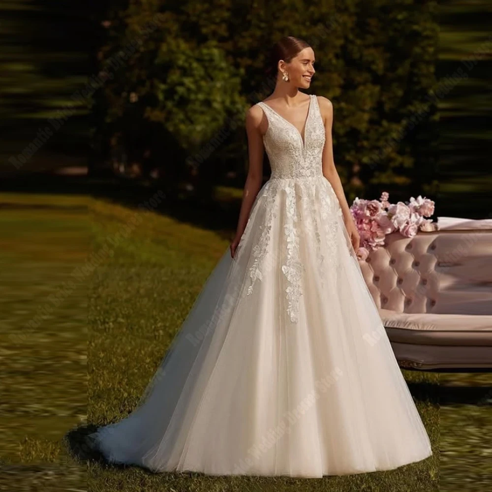 

Sexy V-Neck Women Wedding Dresses Elegant Lace Print Sleeveless Prom Gowns Mopping Length Princess Vestidos De Novias Customized