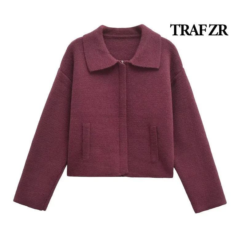 TRAF ZR Lady Jackets American Vintage Red Knit Jacket Women's Autumn Coat New in Outerwears Elegant and Pretty Women's Coats