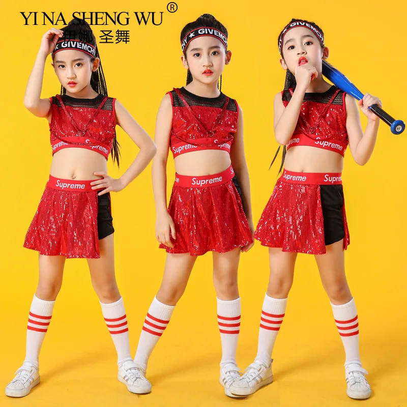 

Детский костюм для джазовых танцев для девочек, красные топы на бретелях с блестками, комплект с юбкой, модная одежда для выступлений в стиле хип-хоп, джаз, черлидинга