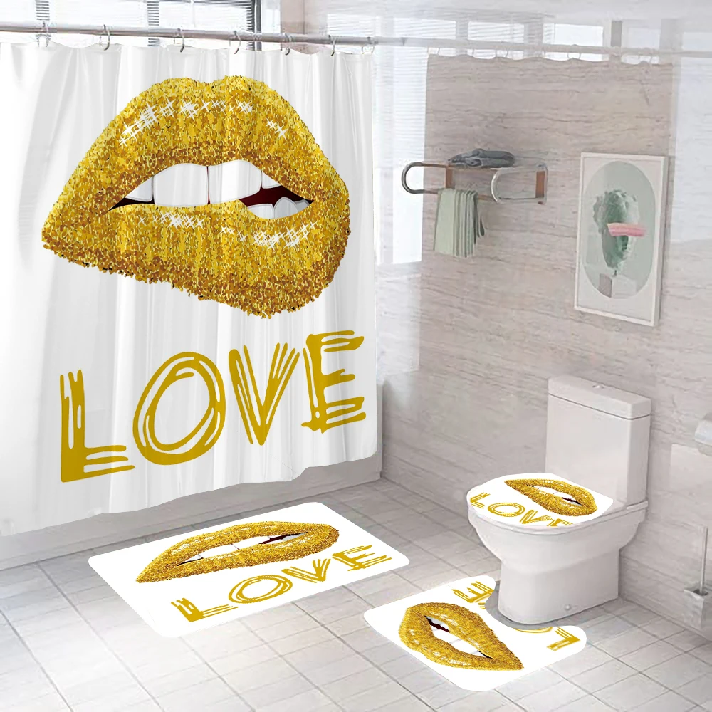 Love Print Shower Curtain Golden Lips Girl Bathroom Partition Waterproof Bath Curtains Toilet Bathtub Mat Set Home Decoration