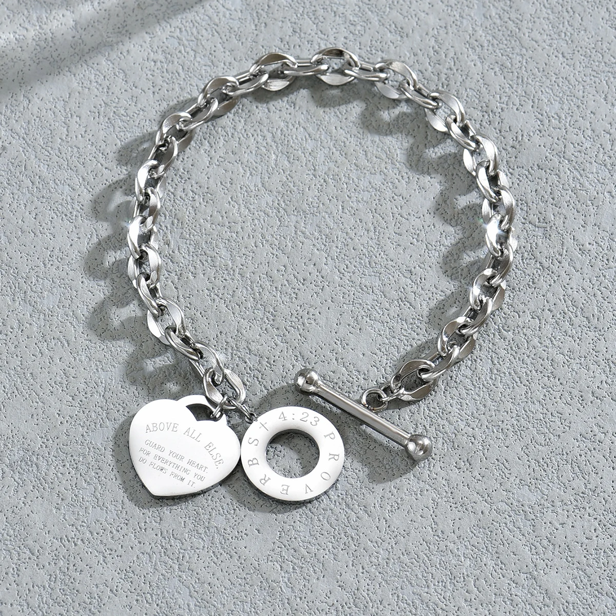 Trendy Heart Charm Toggle Bracelet Engraved Proverbs Metal Chain Bracelet For Women&Men Daily & Casual Wear Lover