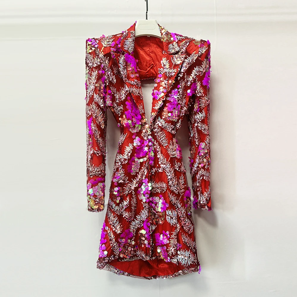 TWOTWINSTYLE Hit Color Spliced Sequines Mini Dresses For Women Lapel Long Sleeve Backless High Waist Slimming Dress Female New